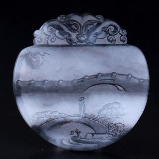 新疆和田玉青花籽料精雕山水人物牌
